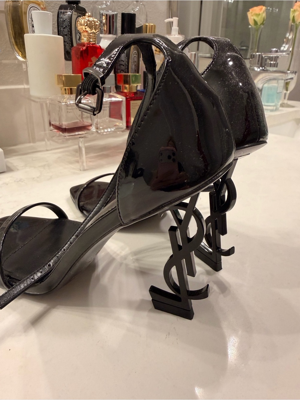 Saint Laurent Black Patent Leather Square-Toe Strappy Heels - Picture 3 of 4